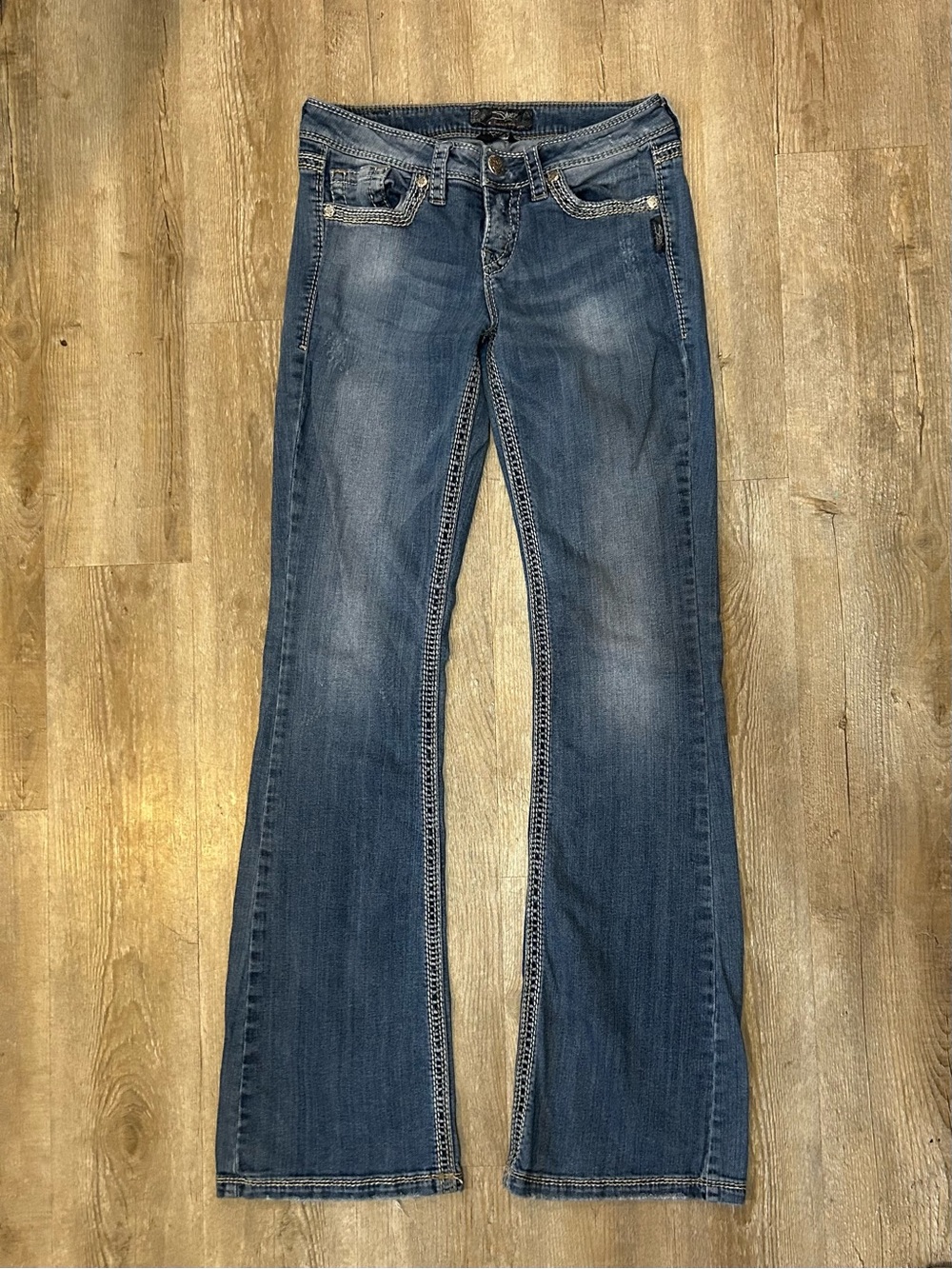 Silver Jeans Lola Flare Leg Medium Wash Low Rise Denim Blue Jeans Size W27/L35